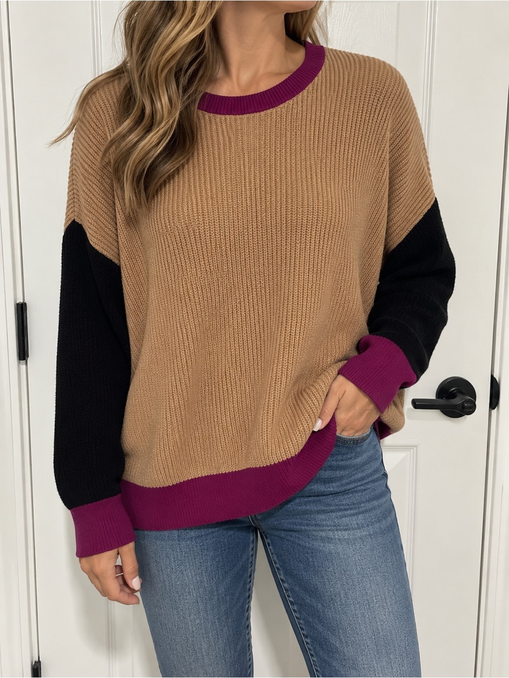 Express Colorblock Crewneck Sweater in Camel, Black & Magenta